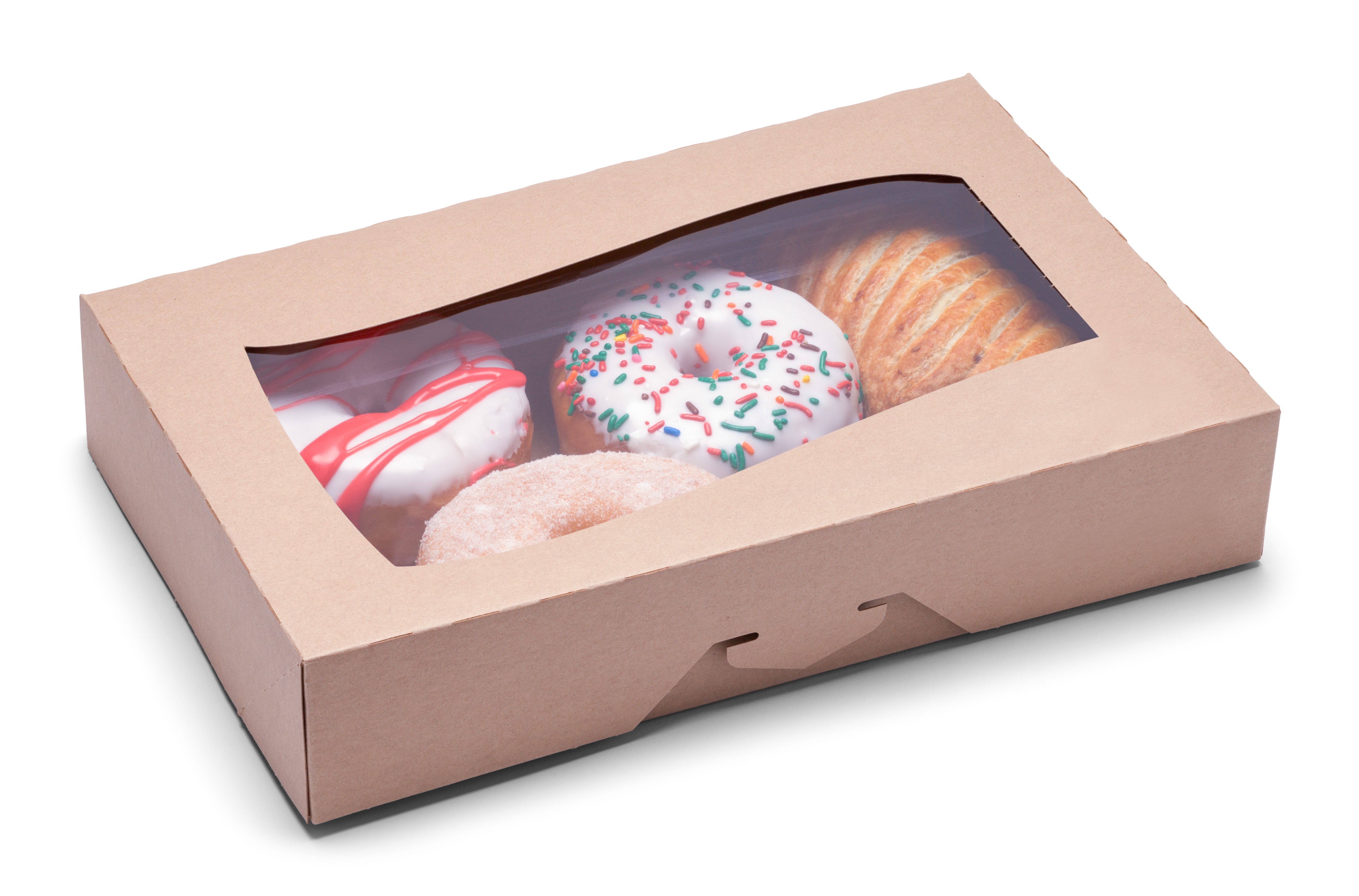 Assorted donuts in a paper box with a clear window film on the lid